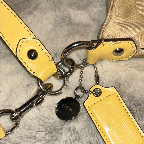 Coach Signature Yellow Stripe Canvas Leather Strap Handbag F19218 - Picture 12 of 14